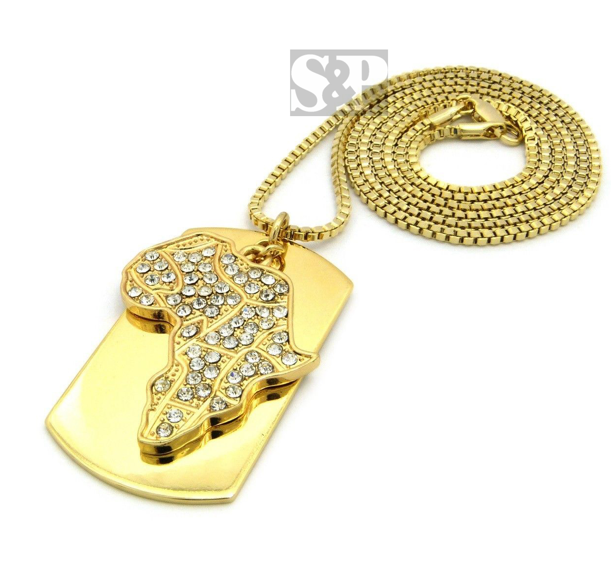 ICED AFRICA & DOG TAG PENDANT & 2mm 30″ BOX CHAIN HIP HOP NECKLACE SPRC305