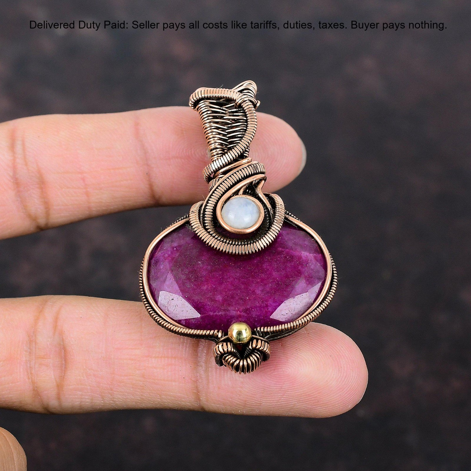 Copper Kashmir Rubi Gemstone Rainbow Moonstone Wire Wrapped Boho Pendant Jewelry