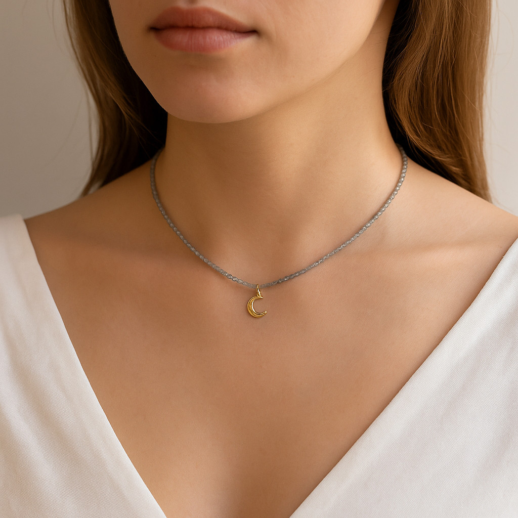 Beaded Labradorite Choker Necklace Moon Pendant 18k Gold Plated Artisan Handmade
