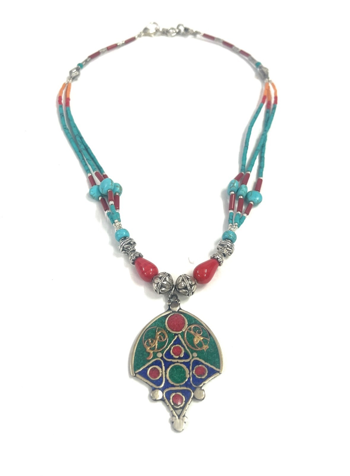 Malachite Turquoise Coral Gemstone Tibetan Pendant Necklace Jewelry, 18 Inc Adjs