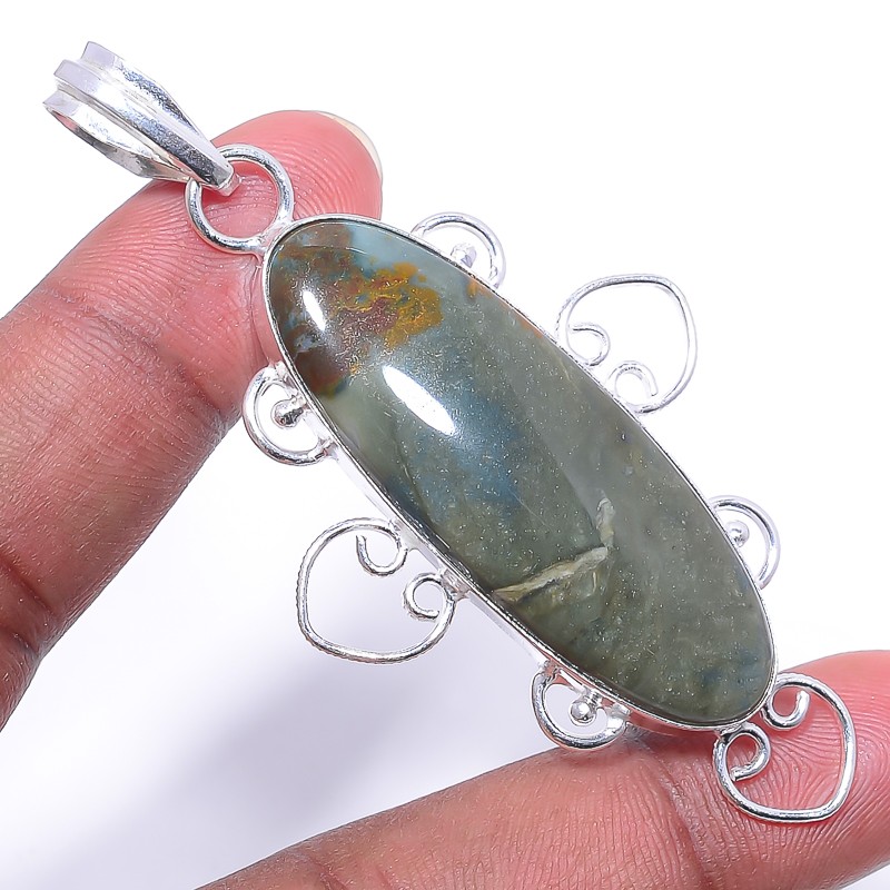 Natural Polychrome Jasper – Madagascar 925 Silver Plated Pendant 2.85″ T2753