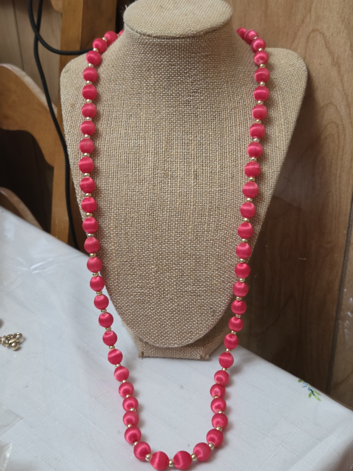 Mid Century 30” Necklace Beads Covered with Pink Thread & Gold Spacer Beads Vtg