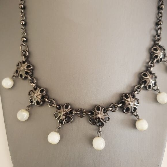 Babylone Paris Gunmetal Floral Pearl Drop Necklace French Designer Jewelry