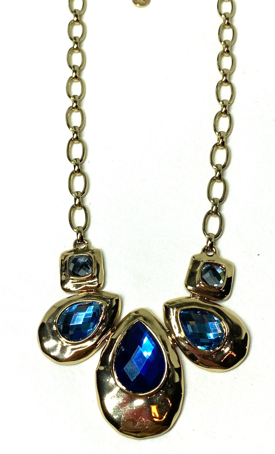 Bella Jack Gold Tone Necklace With Blue Teardrop and Square Gray Stones 21″