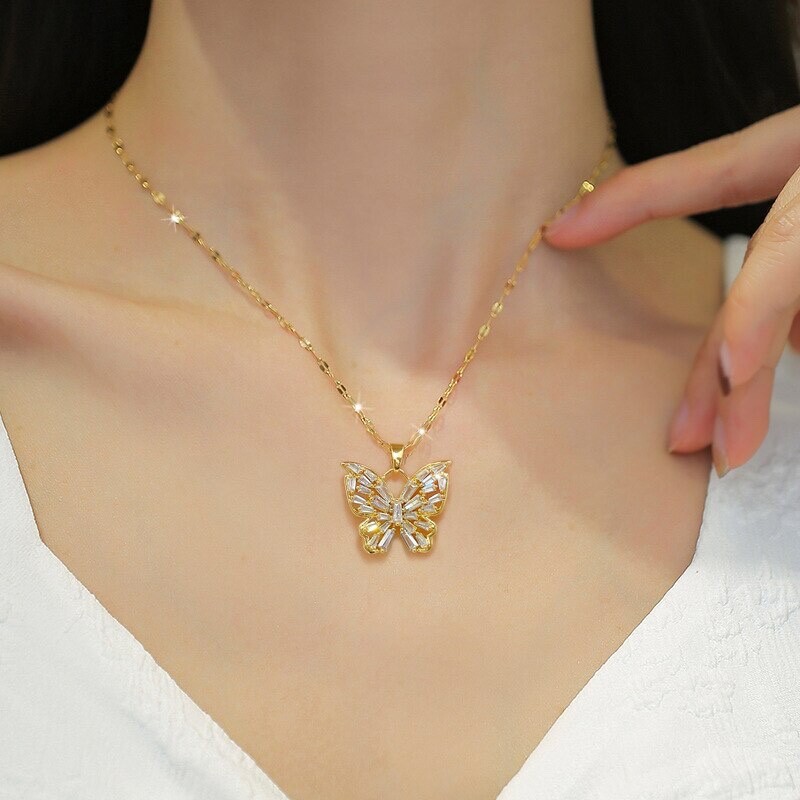 Women’s Fashion Jewelry Cubic Zircon Gold Butterfly Pendant Necklace 484