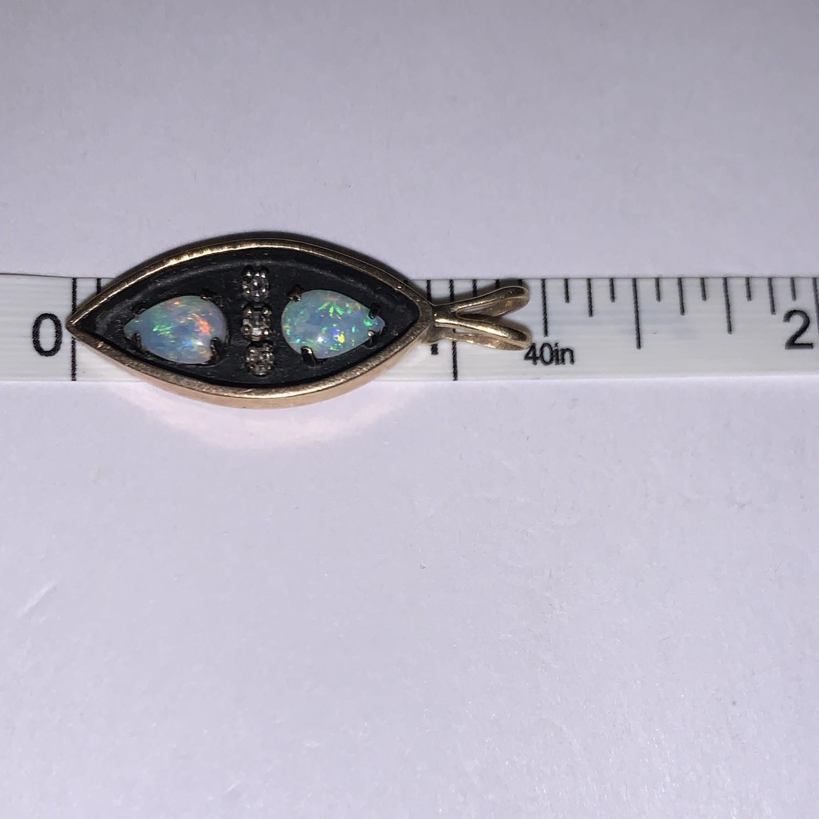 14 K Gold Marquise Pendant w/ Multicolor Opal & 3 Diamond’s Prong Set