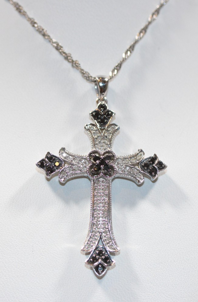 Sterling Silver JS Black and White Diamond Tested Cross Pendant Necklace #216