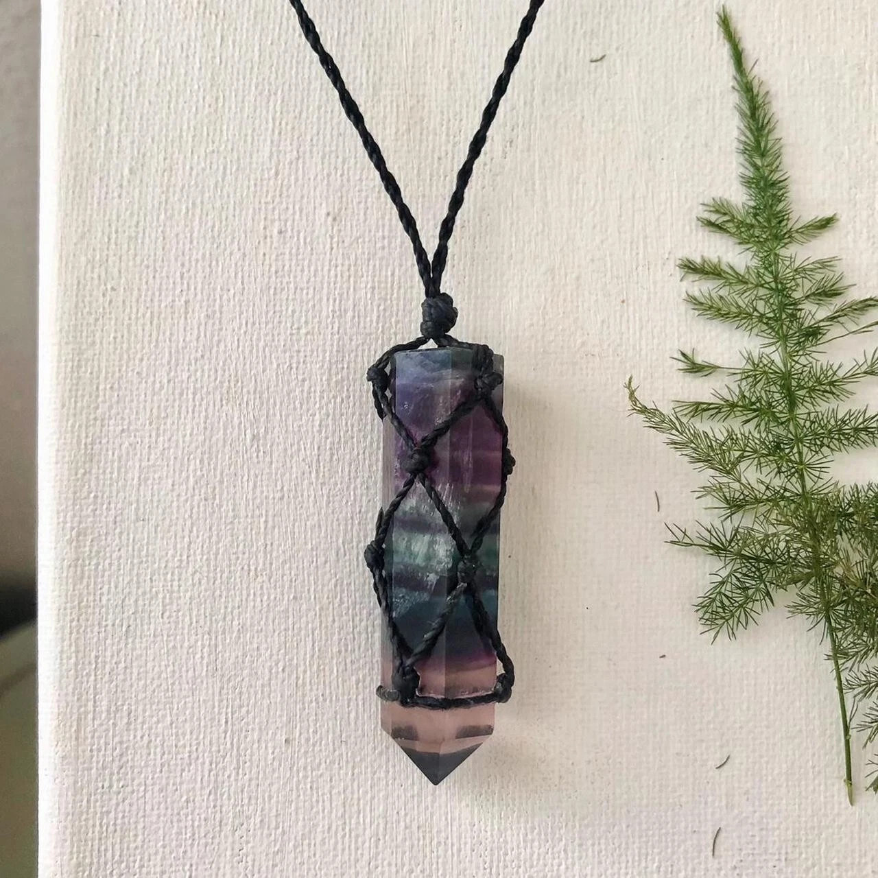 Natural Rainbow Fluorite Stone Obelisk Pendant Necklace Wrap Crystal Necklace