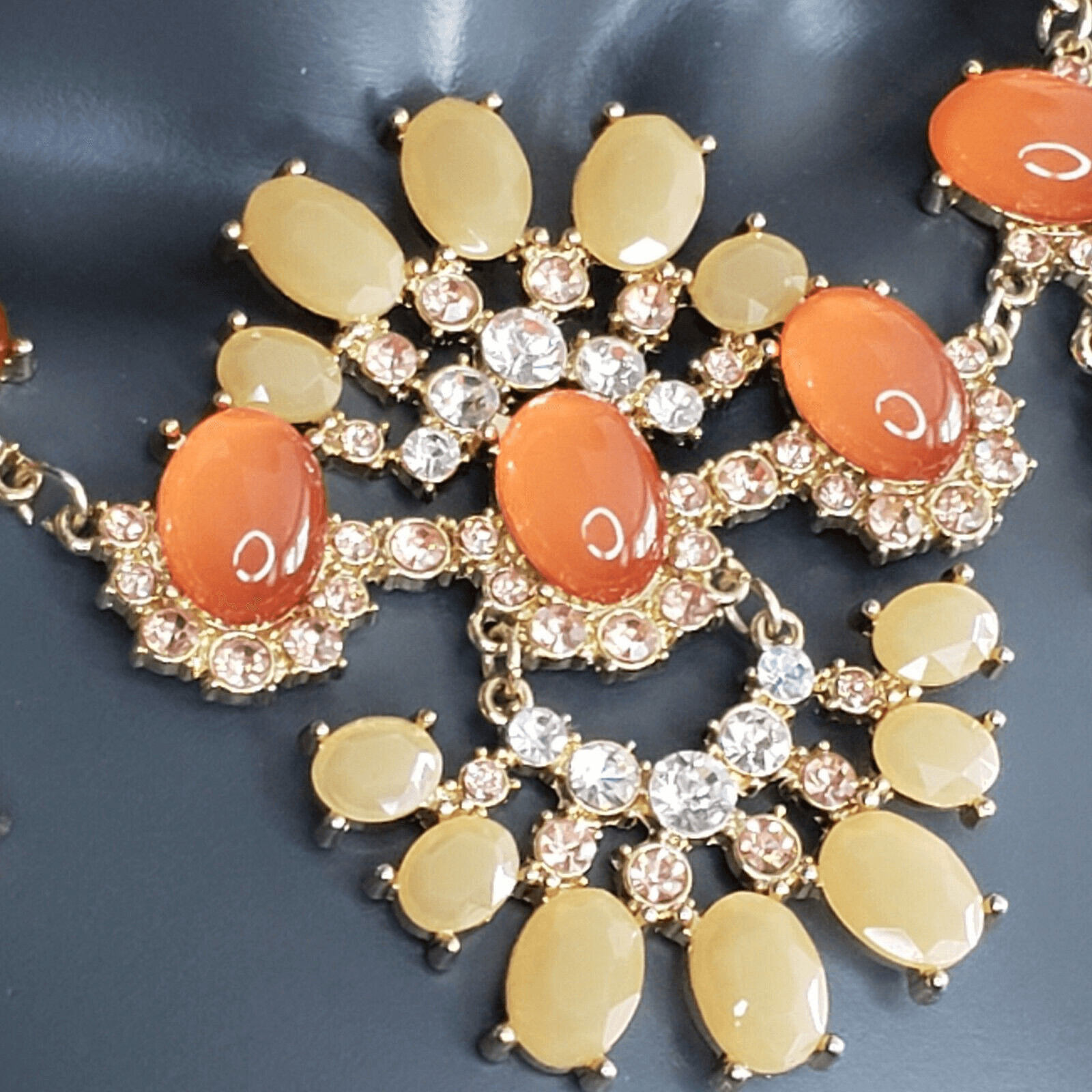Talbots Moonstone Cabochon Necklace Lemon Orange Rhinestone Gold Setting Retired