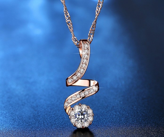 Rose Gold Plated Cubic Zirconia Heart Pendant Necklace w 18″ Chain PE42