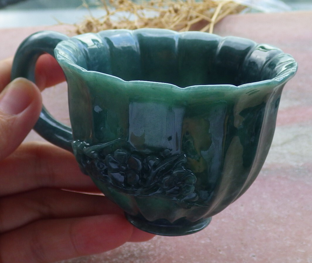 Video Certified Green A Jade jadeite Display Flower Cup Jewelly Box 670335 AS