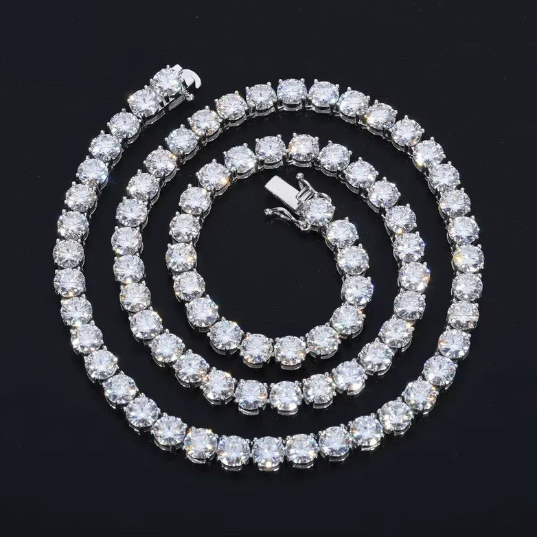 Silver Tennis Necklace Round White/Colorless CZ Prong Set Box Clasp