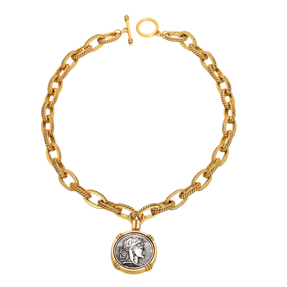 Two-Tone Gold Silver Big Coin Pendant Set Vintage Chunky Link Necklace Earrings