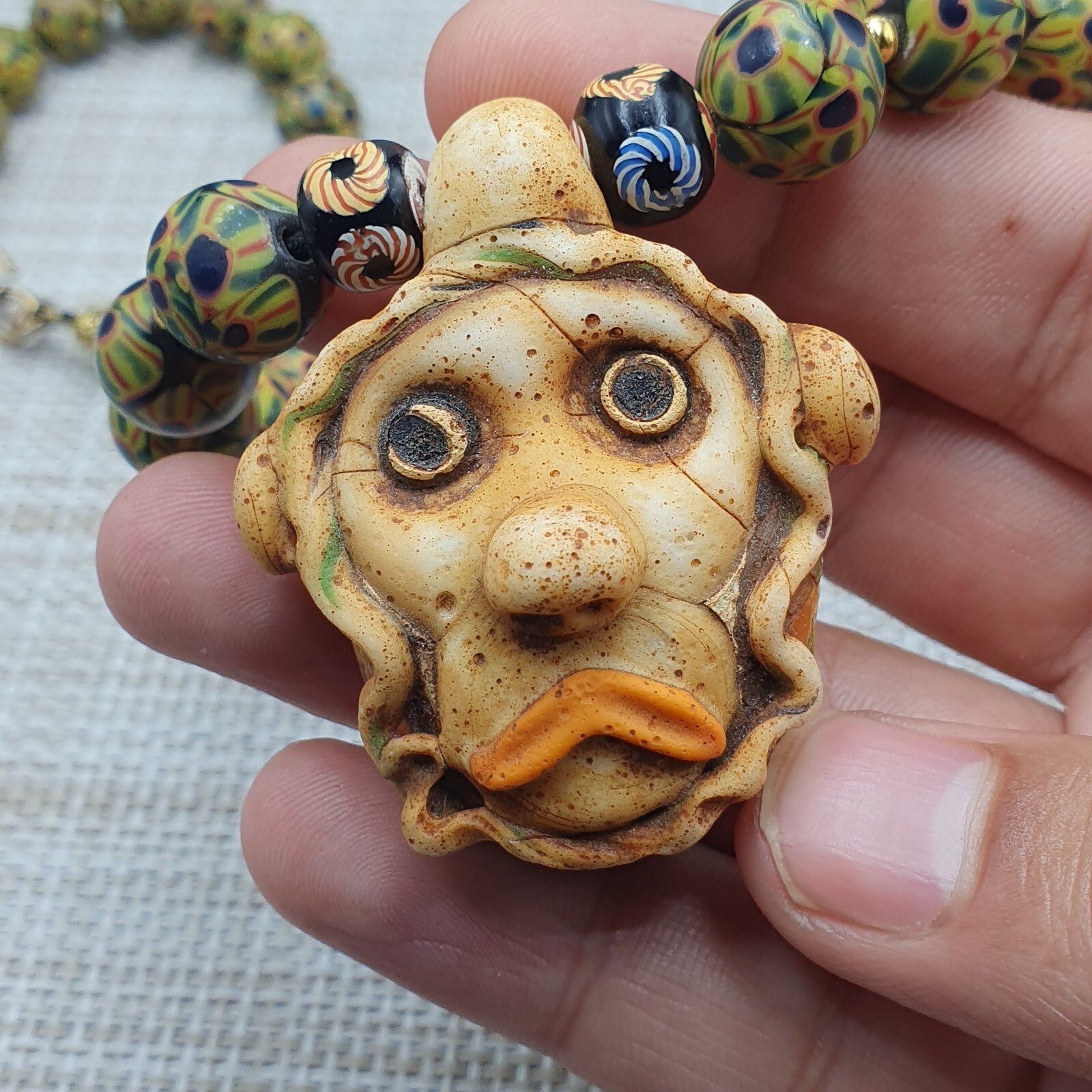 Stunning Vintage Venetan Style Eyes Glass With Old Monkey Face Glass Pendant