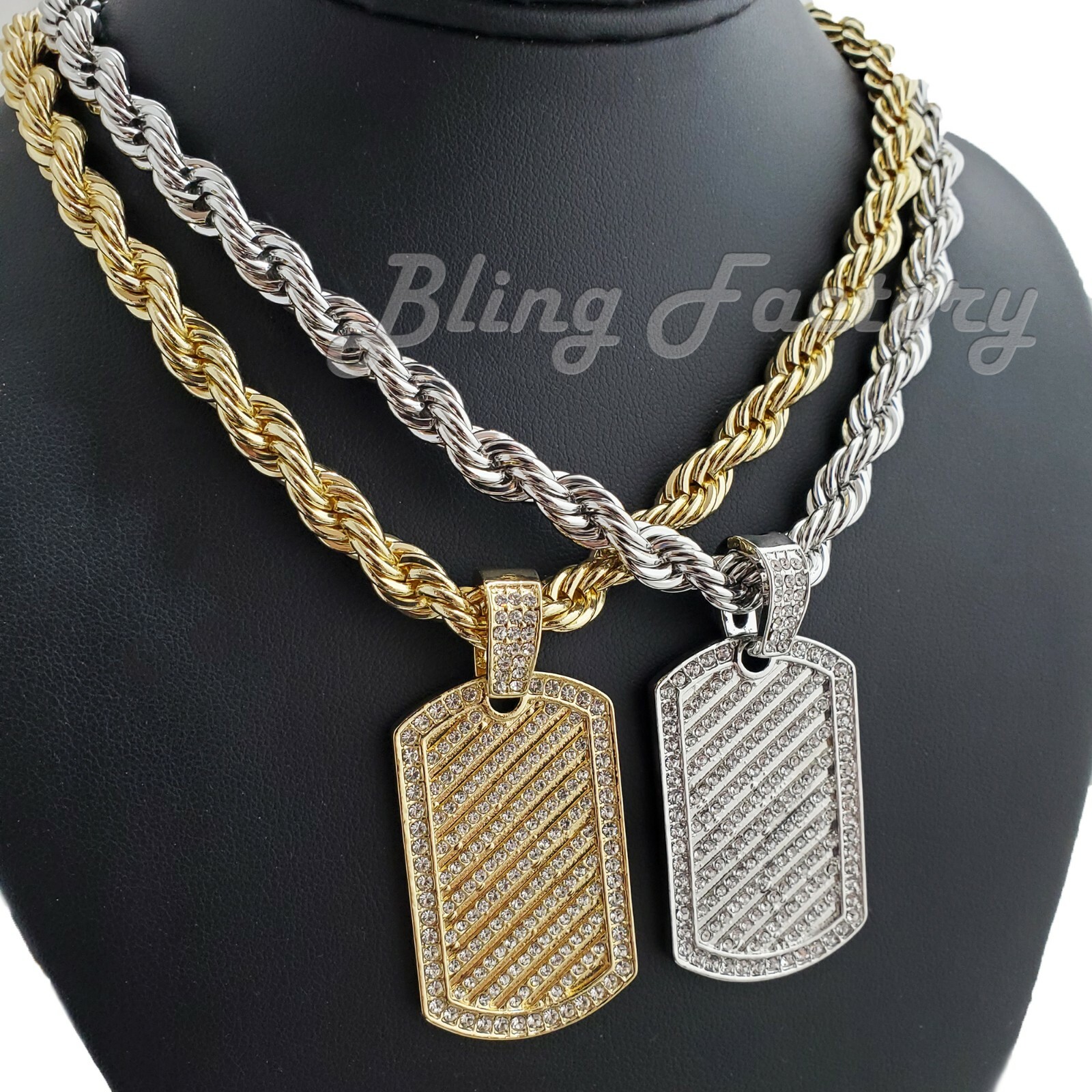 Hip Hop Iced Gold Silver Dog Tag pendant 8mm 24″ Thick Rope Chain Bling Necklace