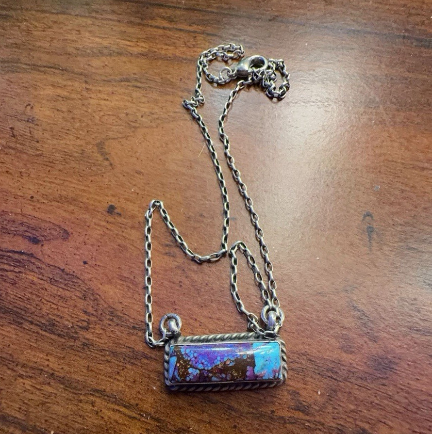 Kingman turquoise, purple mojave and brass bar necklace- sterling silver stamped
