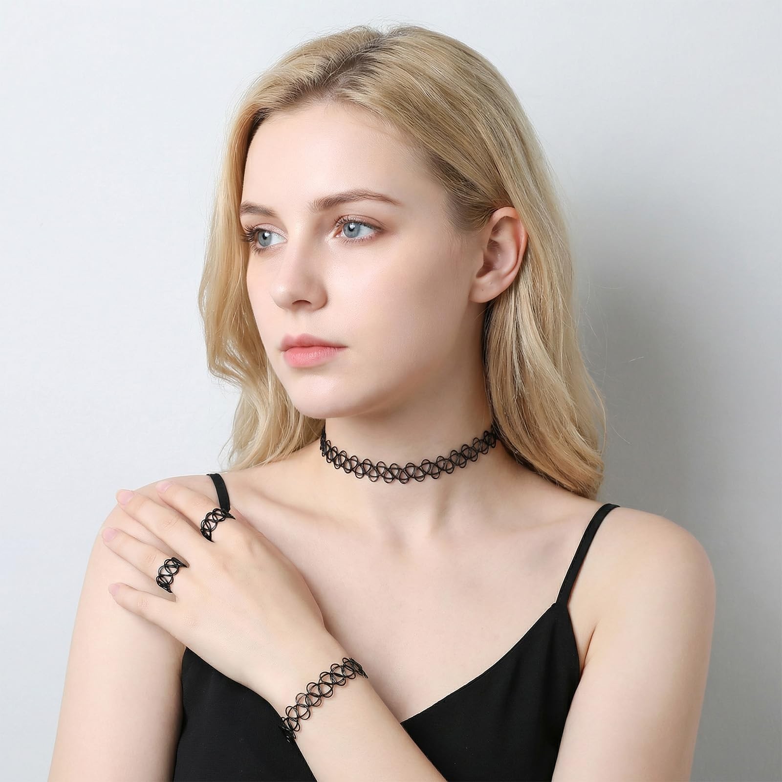Gsbnjuy 18 Pcs 90s Tattoo Choker Necklace, Bracelet & Ring one size, Black