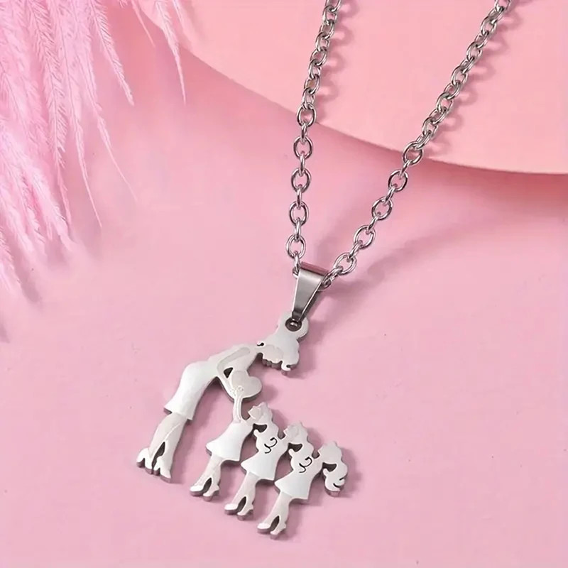 Mother Child Heart Necklace Stainless Steel Family Figure Pendant Jewelry