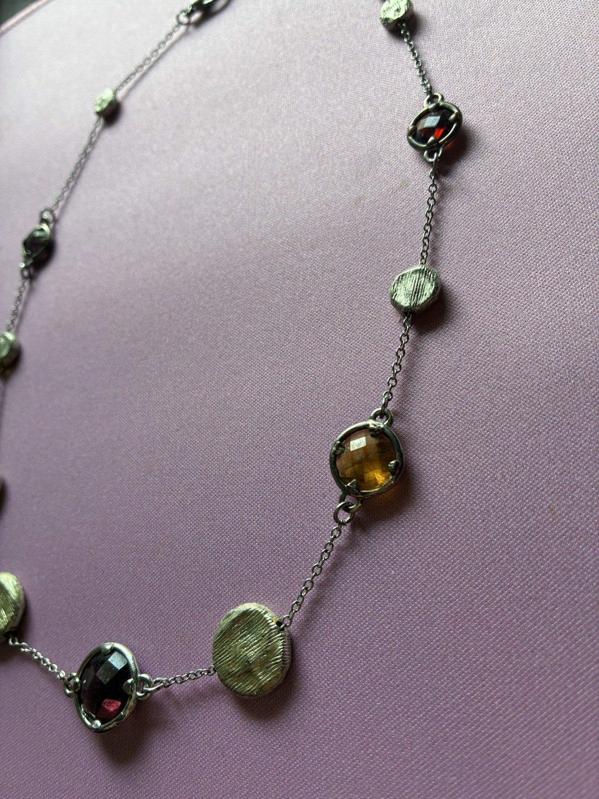 Silver-Tone Station Cable Chain Necklace Bezel Multicolor Round Glass Adjustable