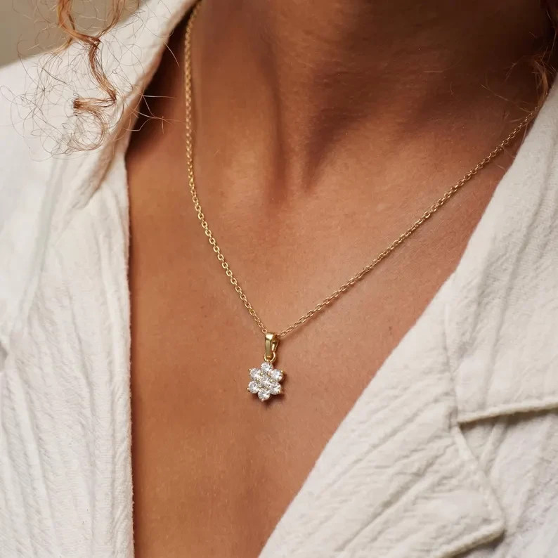 Flower Charm Pendant Necklace Round Simulated Diamond In 14k Yellow Gold Plated