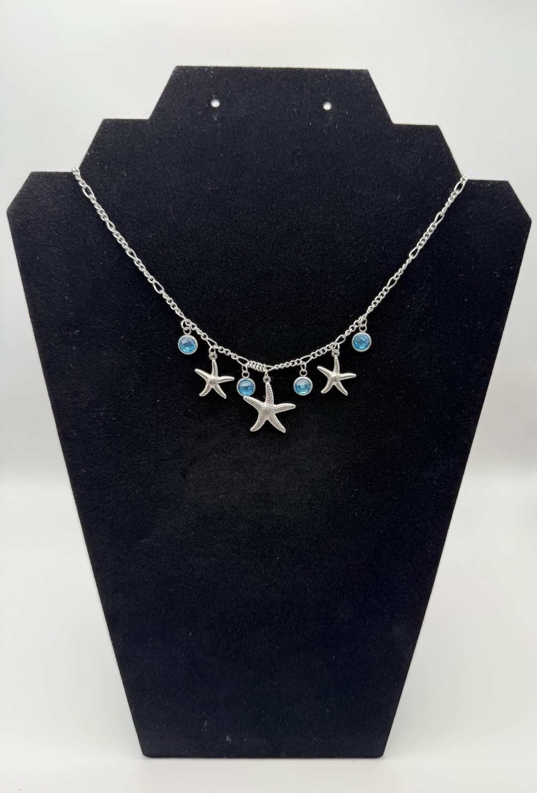 Silver-Tone Starfish Charm Pendant Necklace w/ Blue Bead Accents Beach Sea
