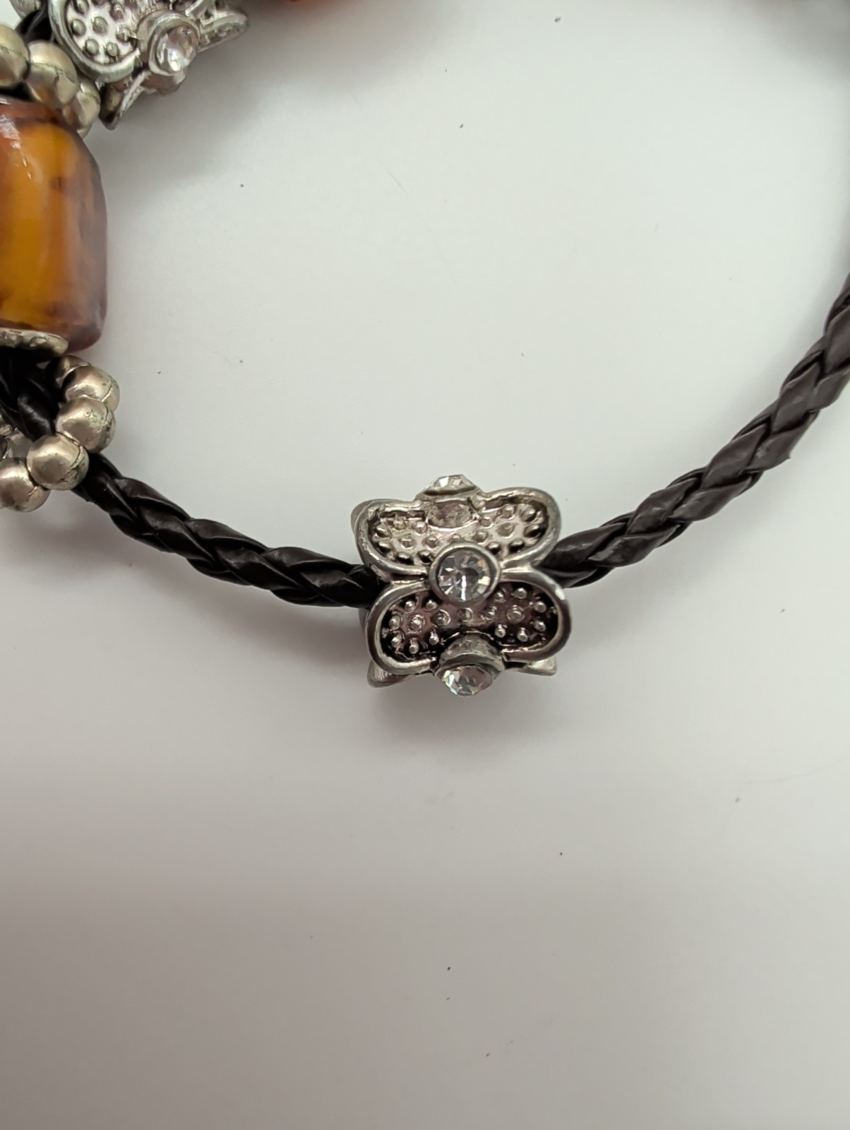 Vintage Persona Sterling Silver 925 Tortoise Shell Glass Charm Bracelet On Brown