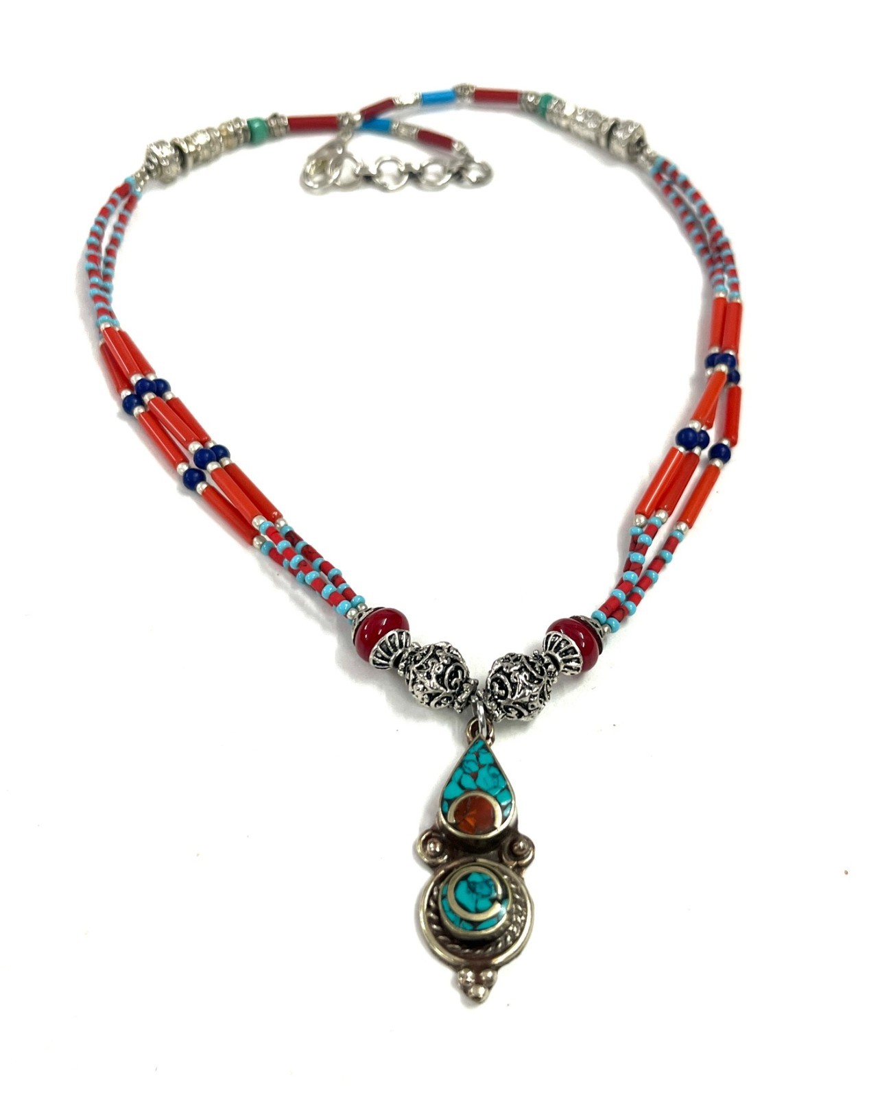 Art Deco Red Coral Turquoise Gemstone Tibetan Necklace Jewelry, 16 inch Adjust