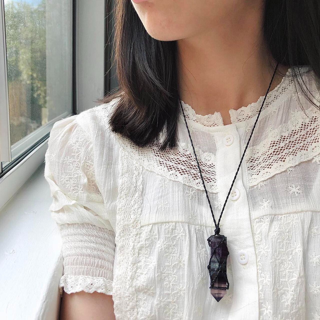Genuine Rainbow Fluorite Crystal Hexagonal Point Pendant Healing Reiki Necklace