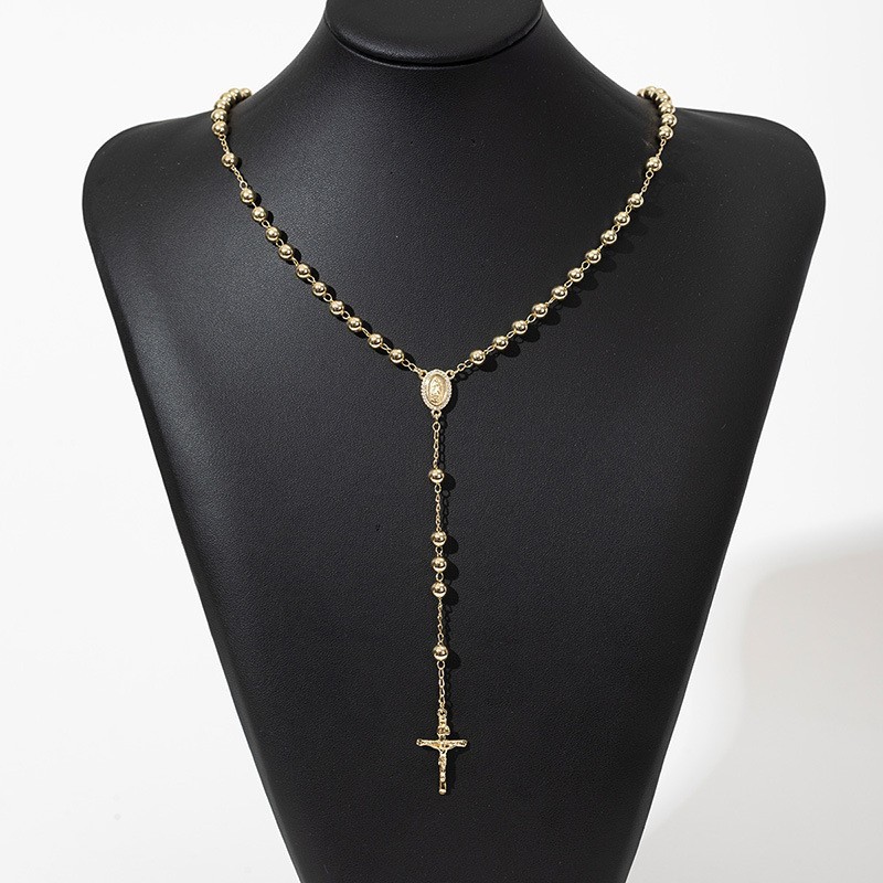 Men’s 6mm Bead Rosary Gold Plated Virgin Mary & Jesus Cross pendant Necklace