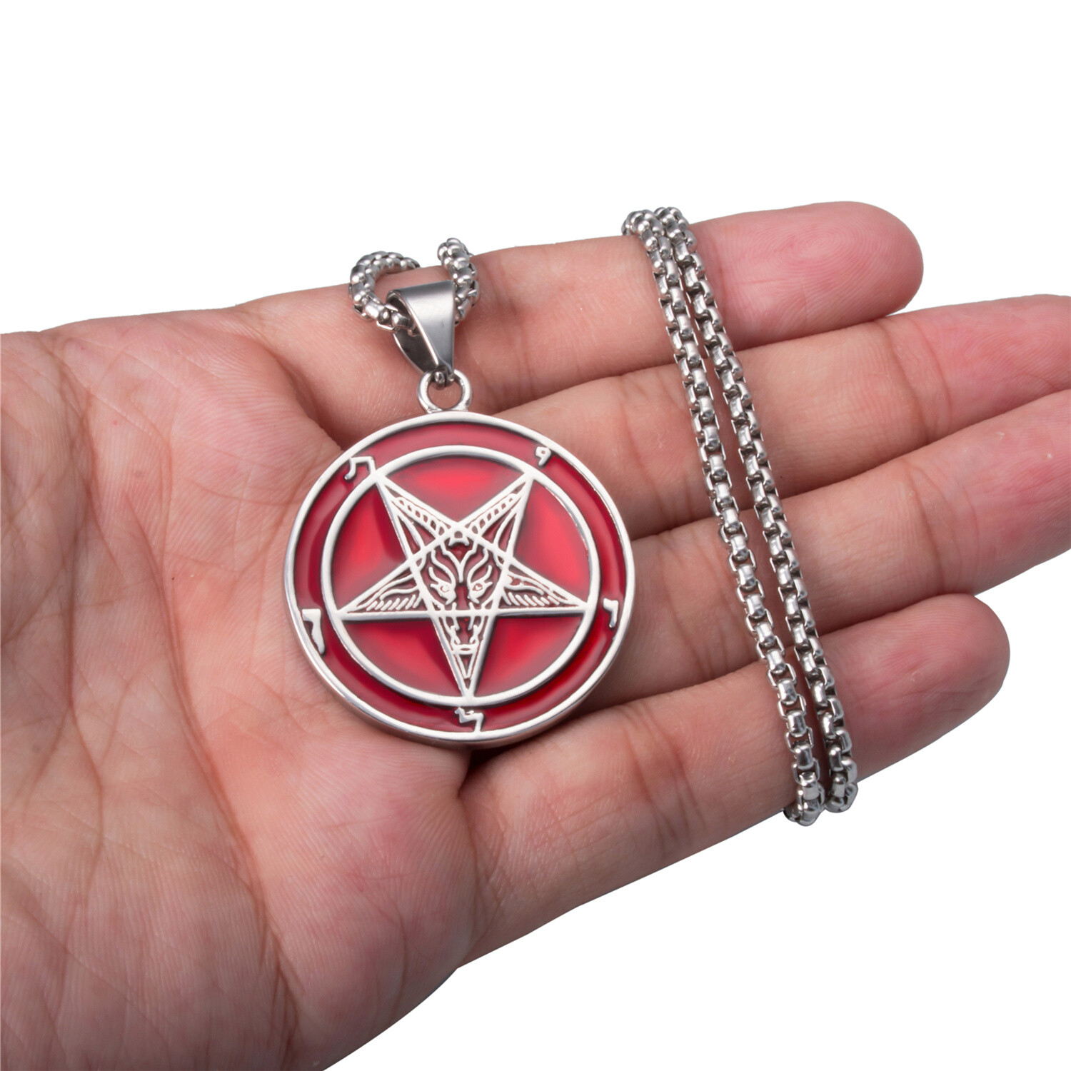 Both Sided Red Baphomet GOAT Sigil of Lucifer Stainless Steel Pendant Necklace
