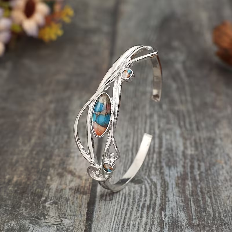 Vintage Inspired Imitation Turquoise Stone/Silver Tone Cuff Bracelet. Small Size