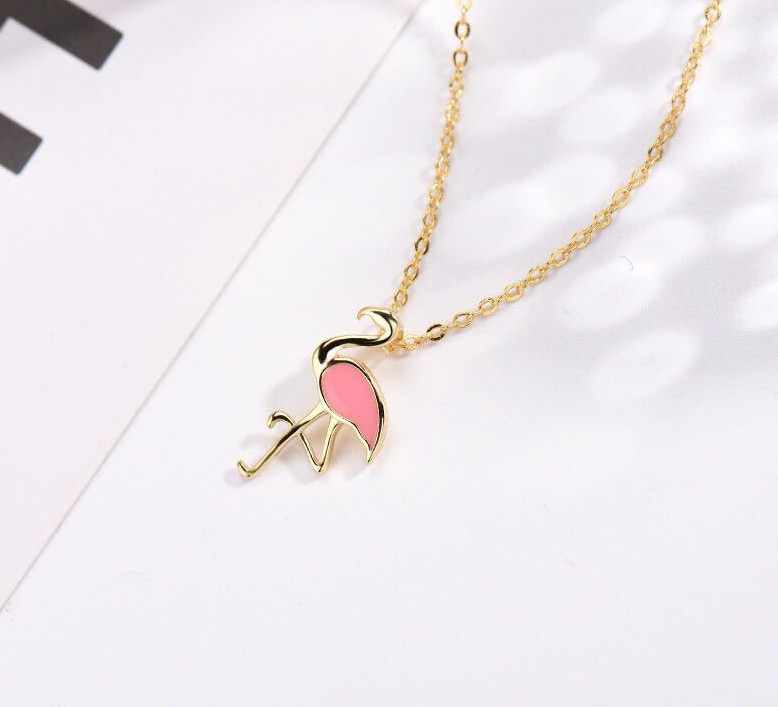 Punk Uniesx Gold Pink Animal Flamingo Titanium S.Steel Pendant Chain Necklace