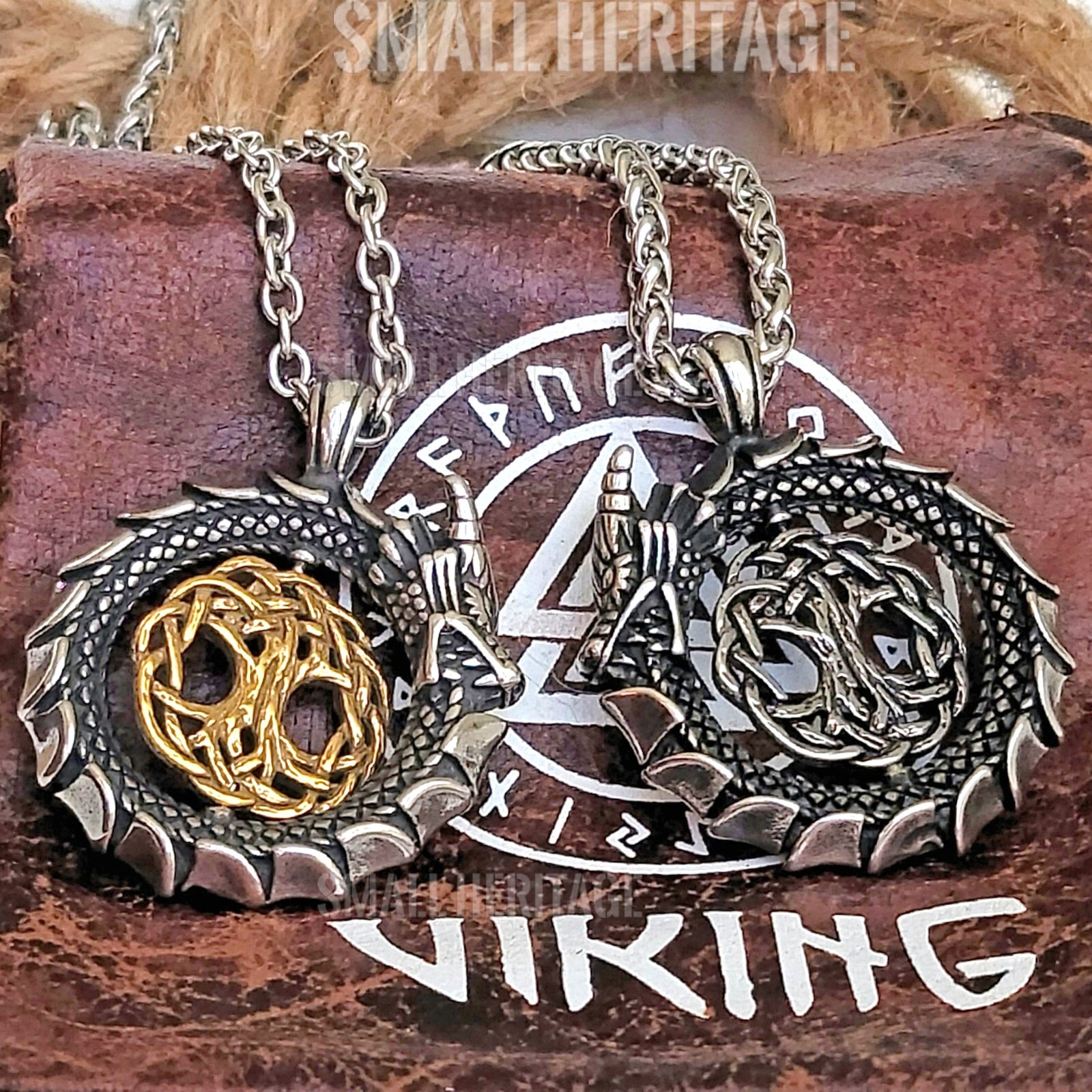 Viking Dragon Necklace 316L Stainless Steel Pendant Chain Norse Amulet Yggdrasil