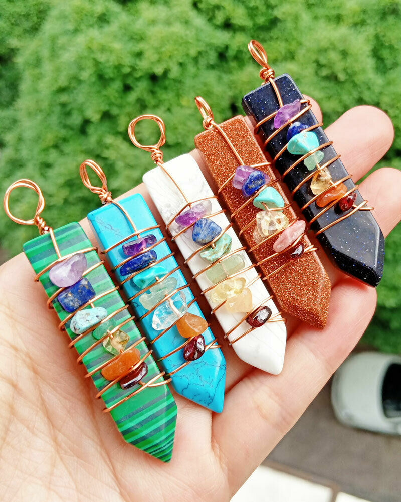 5pcs Turquoise Vary stone 7 Chakra Pendants Sword Reiki Healing Amulet Energy GQ