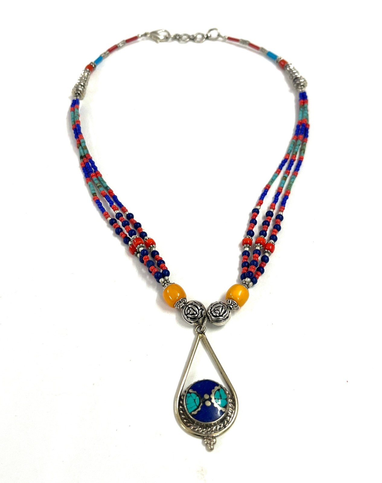 Vintage Lapis LAzuli Red Coral Gemstone Tibetan Necklace Jewelry, 18 Inch Adjust