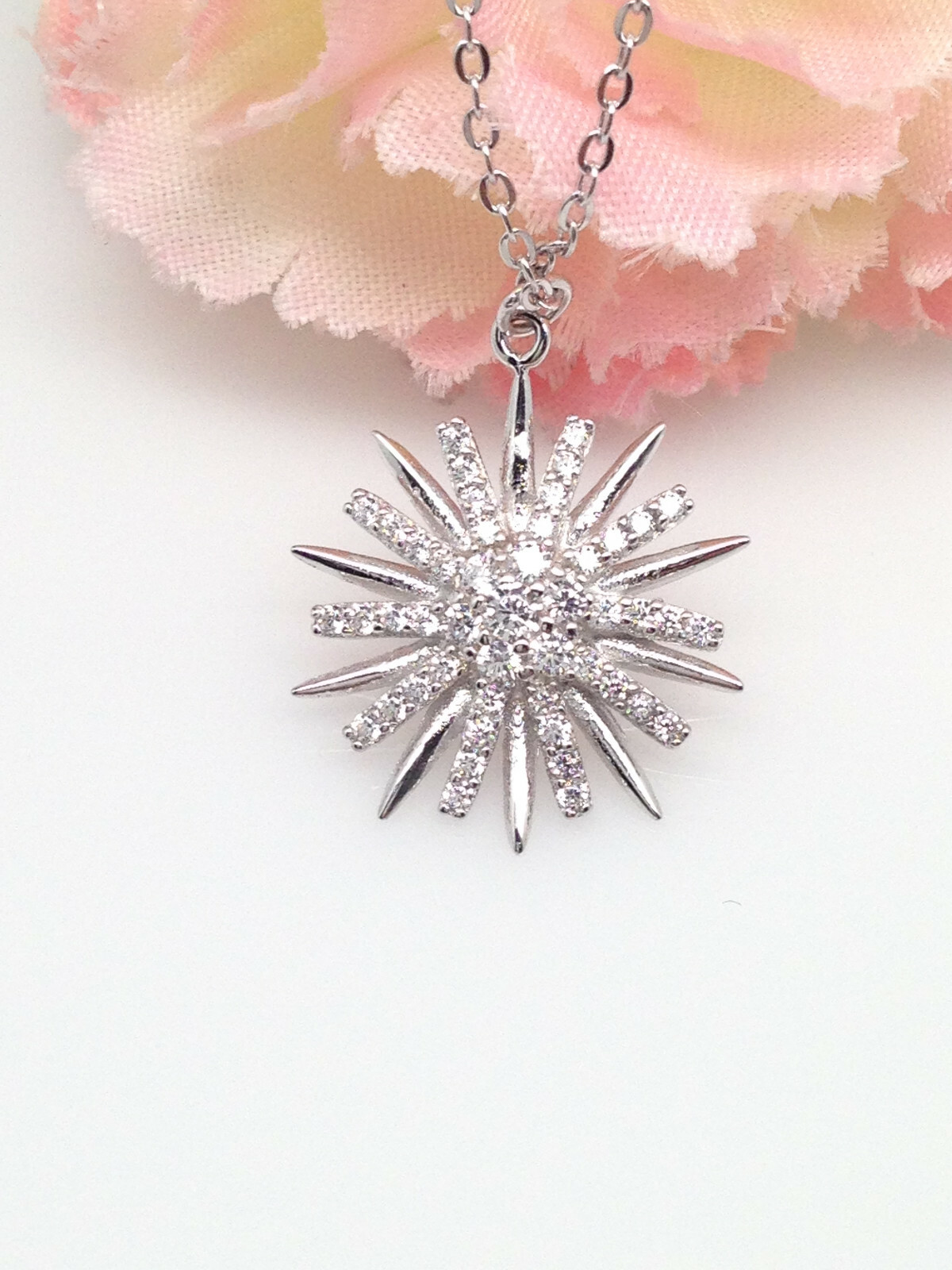925 Sterling Silver 15mm Cz Sunburst Pendant Necklace Sun Starburst 16-18″