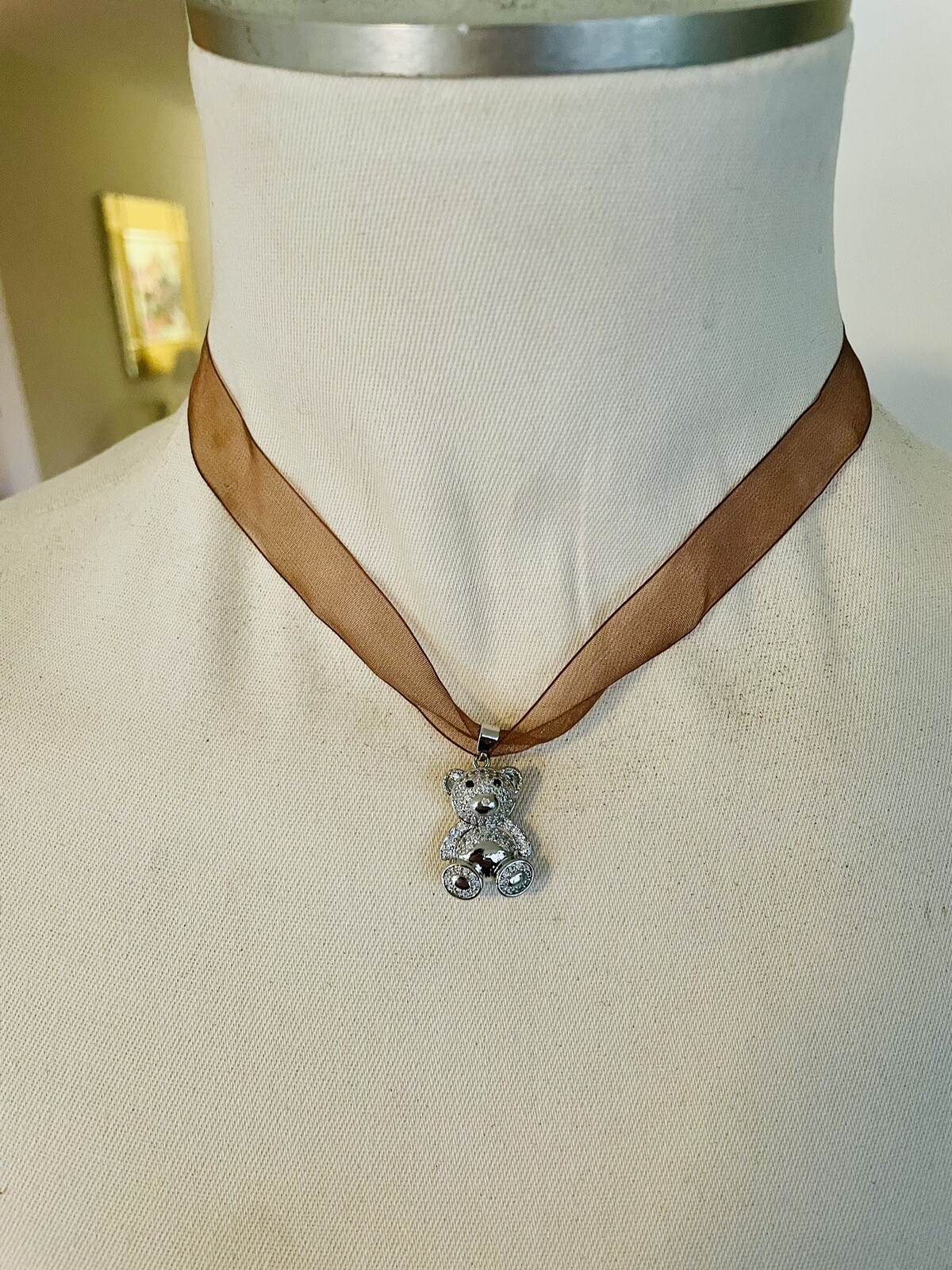 Teddy Bear Necklace CZ Bear on Brown Silk Ribbon Sterling Silver Clasp New