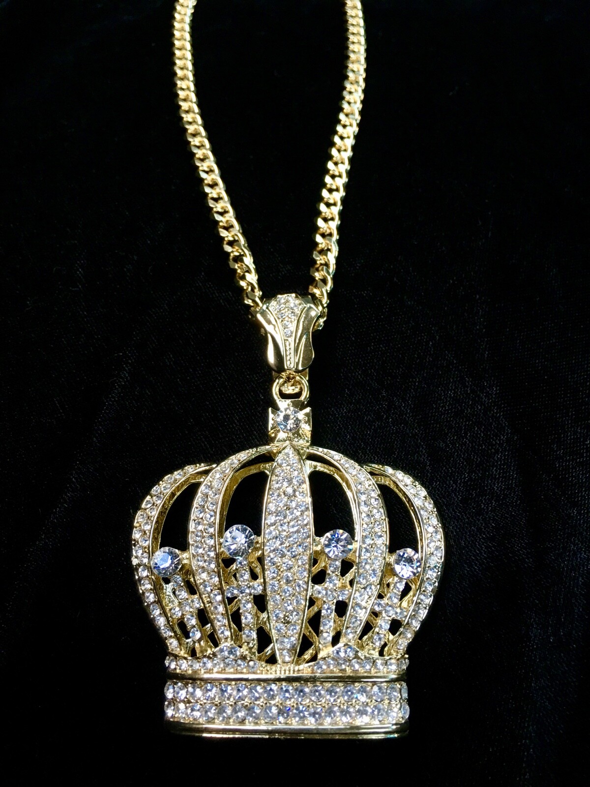 Solid 18K Gold Lab Diamonds BIG CROWN Pendant Chain Necklace *LIFETIME WARRANTY*