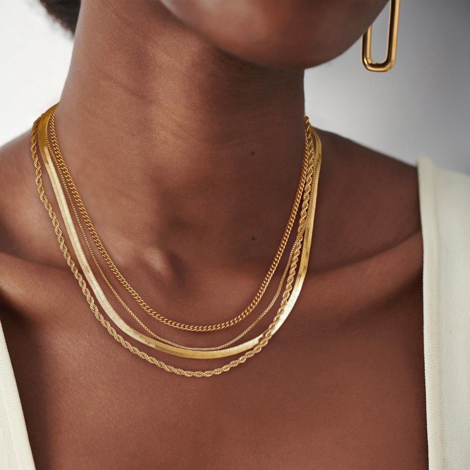 Layered Necklaces for Women – Chunky Gold Plated Herringbone/Snake/Rope Chains,