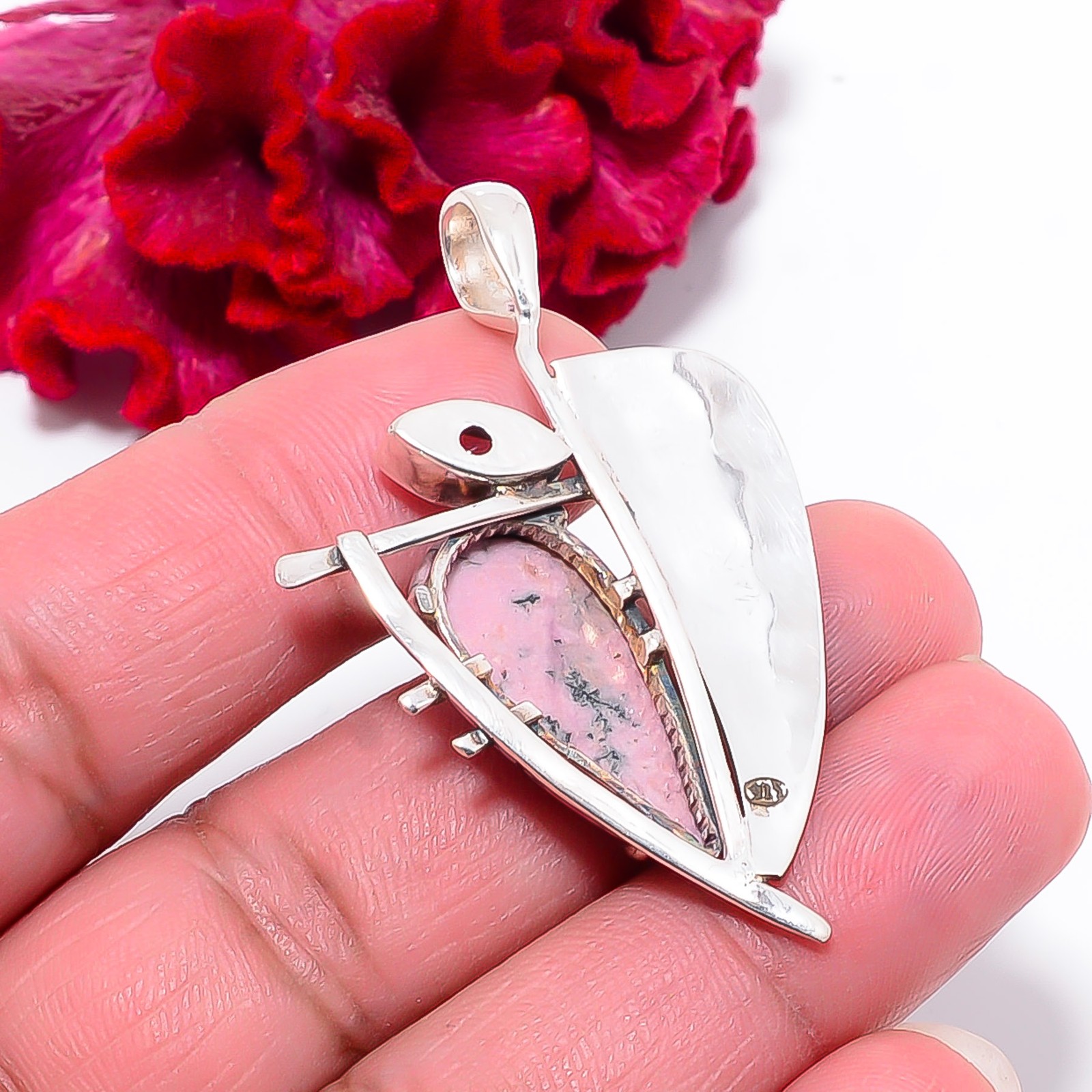 Black Manganese In Rhodonite & Pink Kunzite 925 Silver Pendant 1.99″ P1028810229
