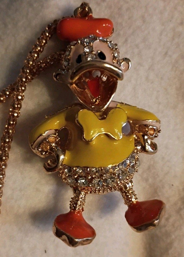 Signed Betsey Johnson Crystal Spring Easter Duck 3D Pendant & Necklace /j46