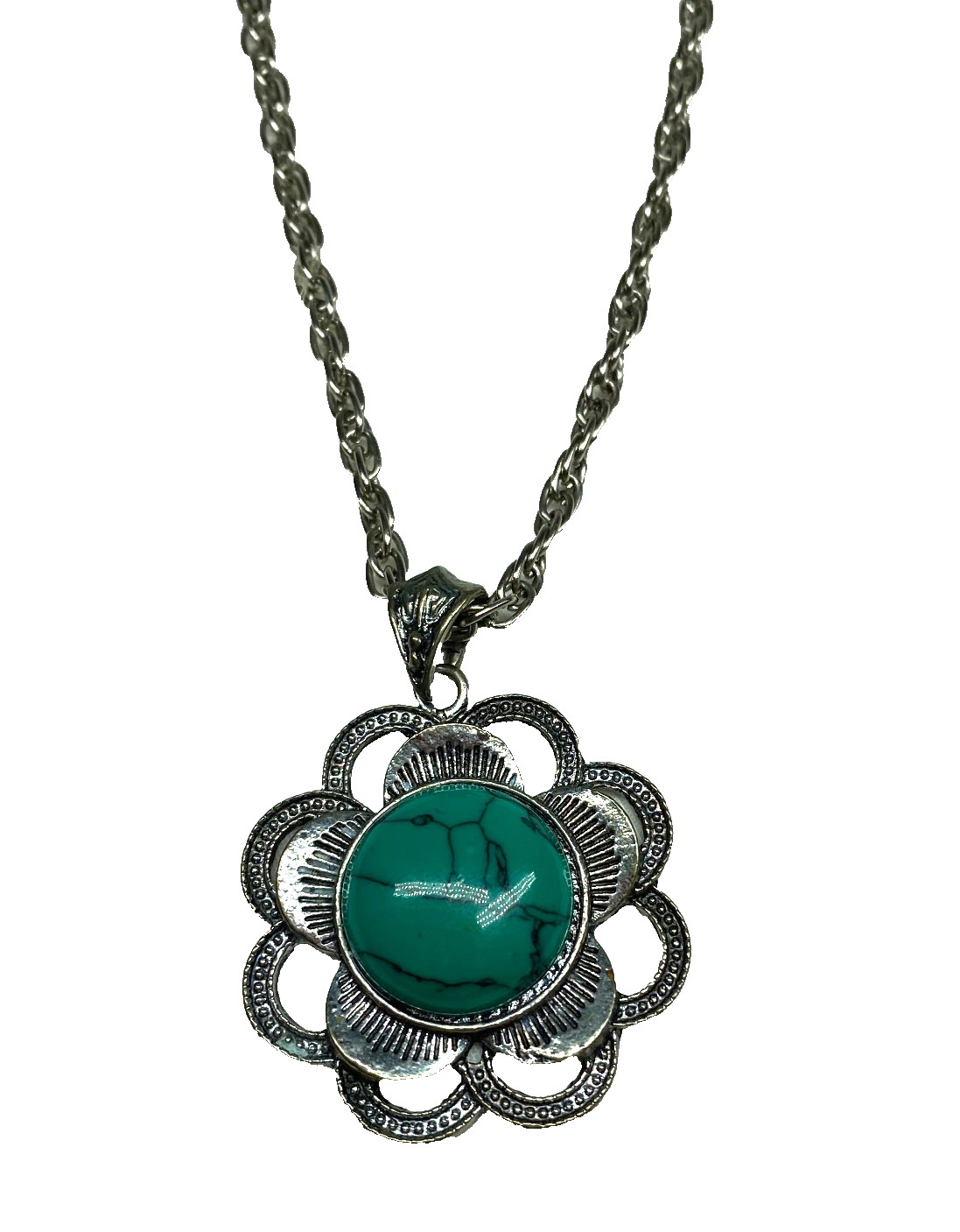 Floral Shape Tibetan Silver Faux Green Turquoise Necklace 26″ Long Spring Close