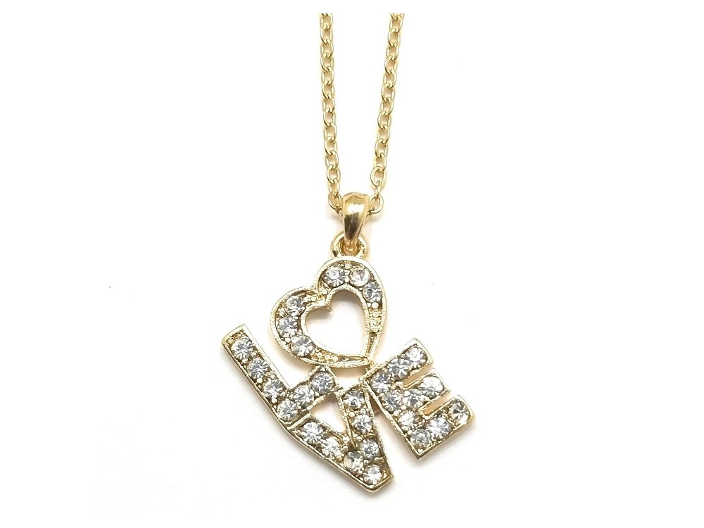 Goldtone Modern Metallic Crystal Accent LOVE Heart Theme Necklace ~ NEW!