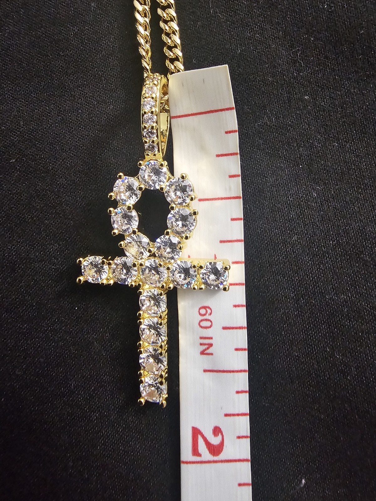 18in. 14k Gold-Plated brass-1.4mm skinny Cuban Link chain w/Ankh Cross CZ Charm