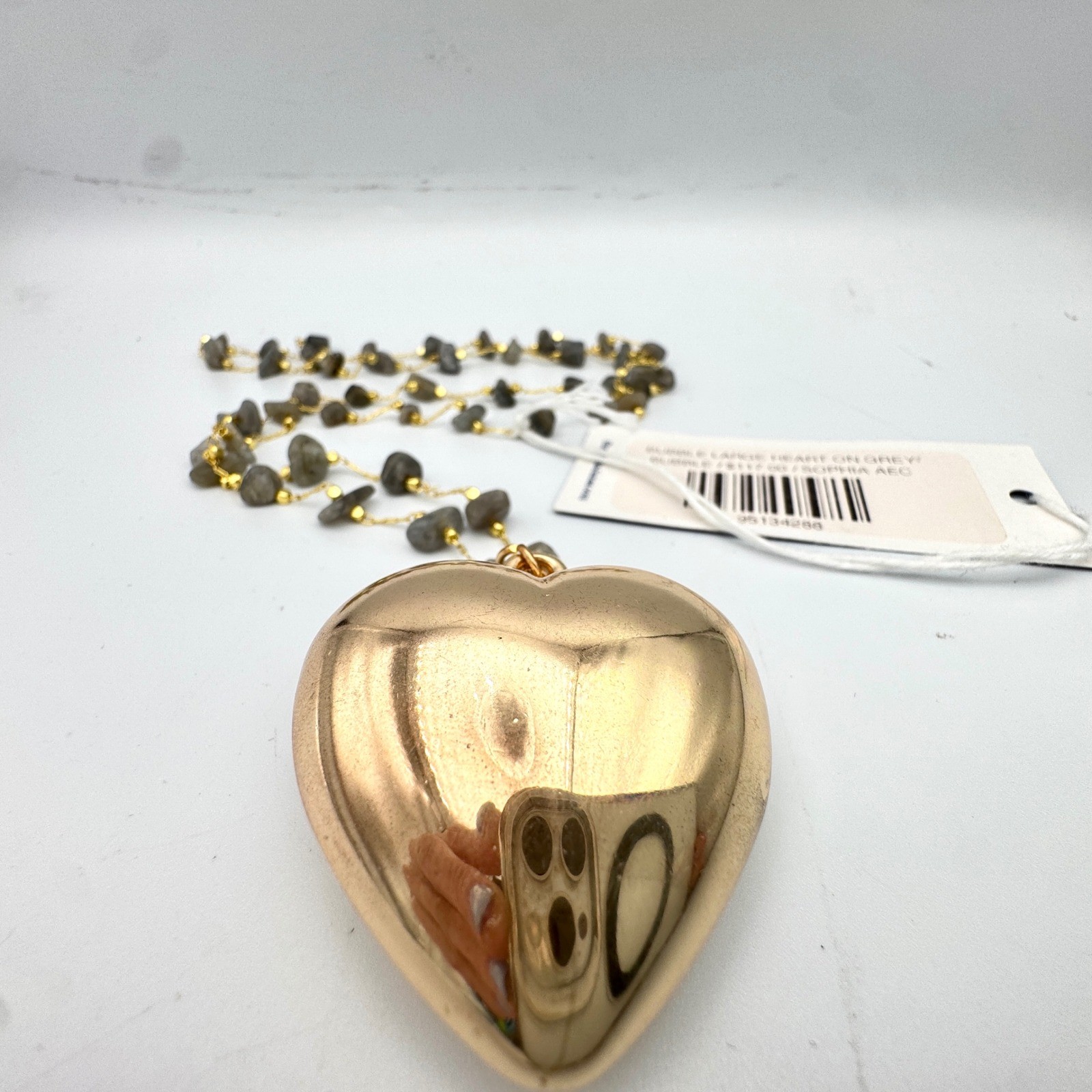 Large Bubble Heart Pendant Necklace Gold Tone Grey Labradorite Stone