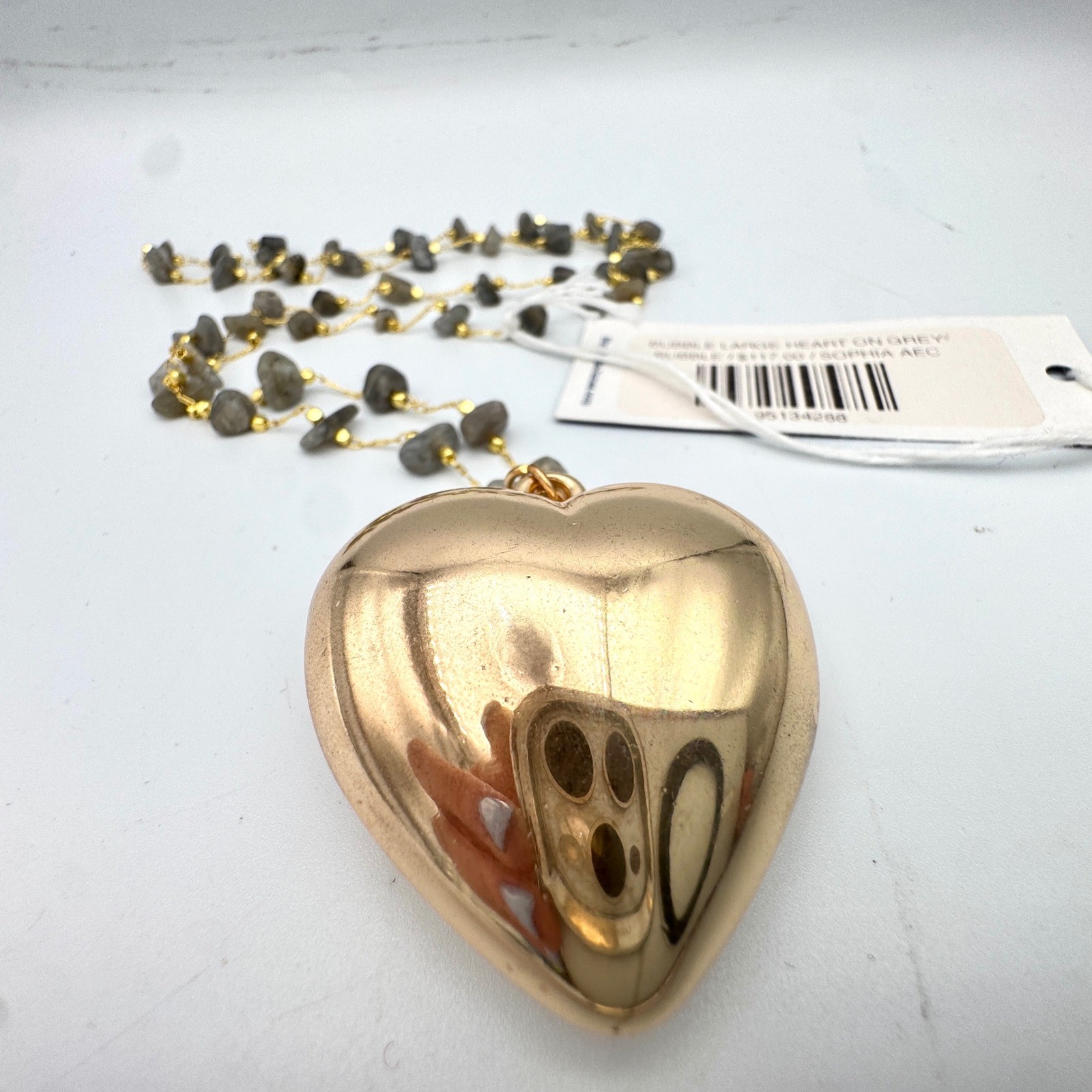 Large Bubble Heart Pendant Necklace Gold Tone Grey Labradorite Stone