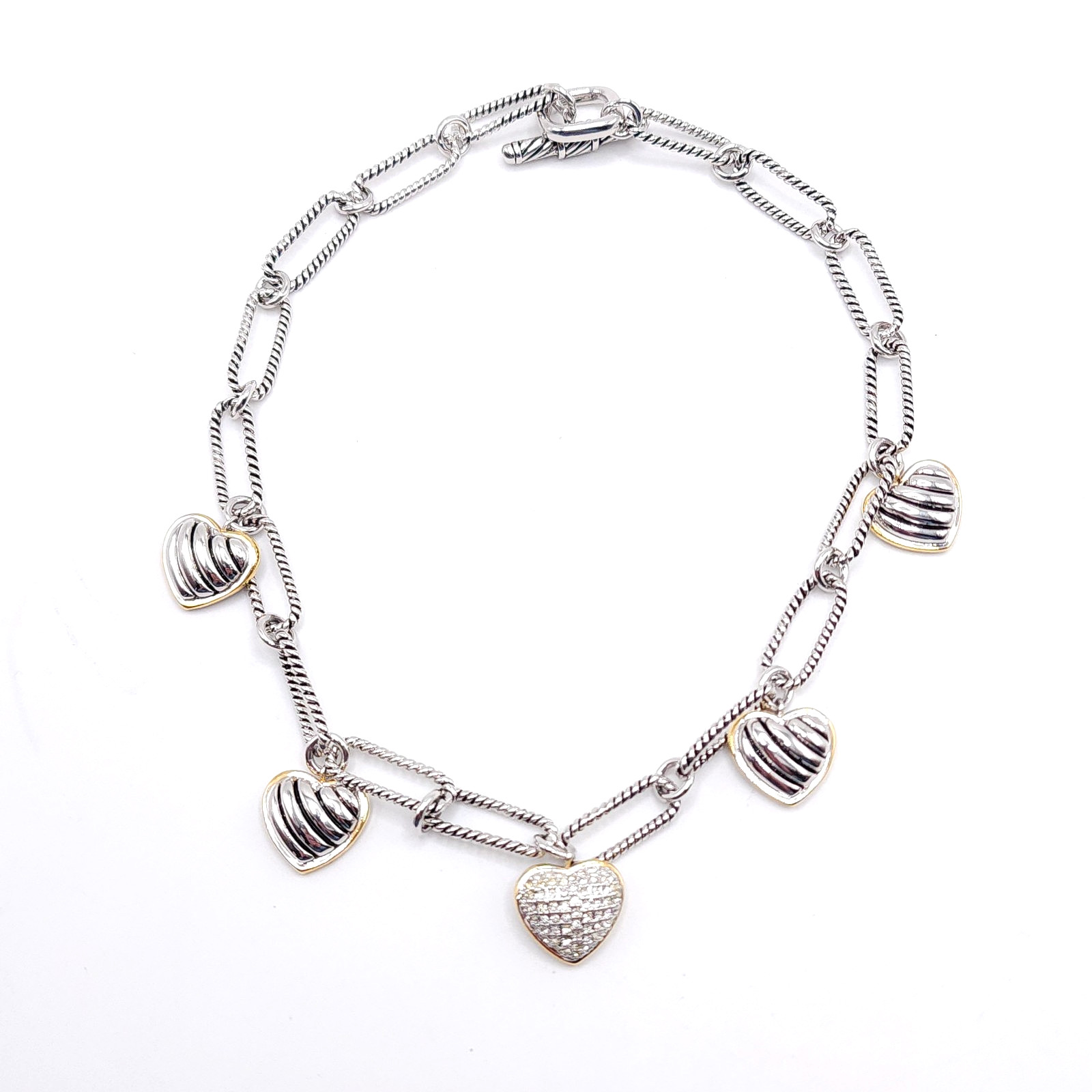Heart Charm Necklace Paperclip Chain Rhinestone Pave Heart Toggle Clasp 16in