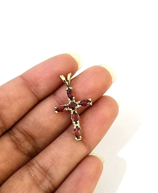 10K Yellow Gold Franco Chain Red CZ Cross Pendant Necklace 1mm 16 18 20 22 Women