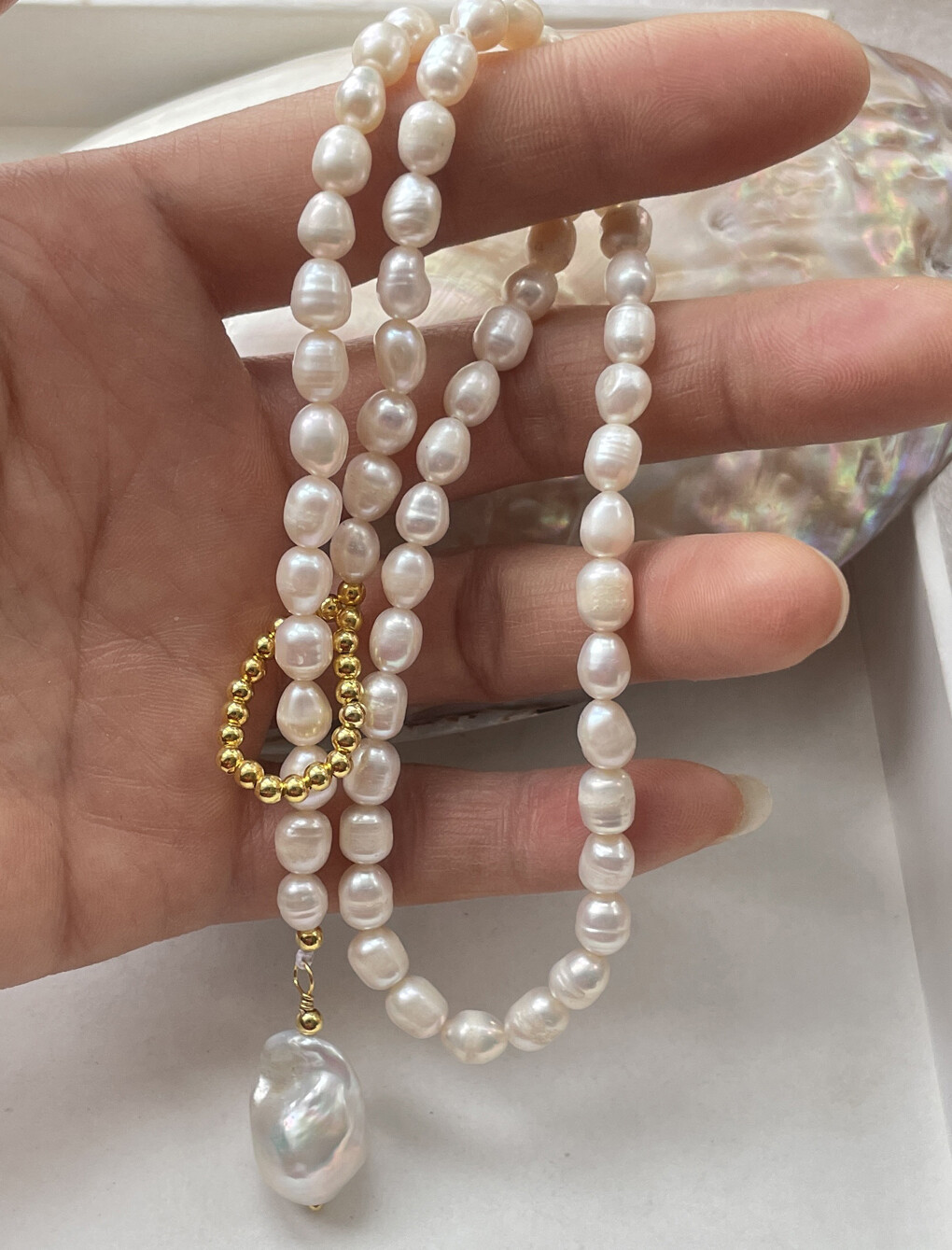5-6mm Rice /13x18mm White Baroque Pearl Beads Pendant Collarbone Necklace 14-36″