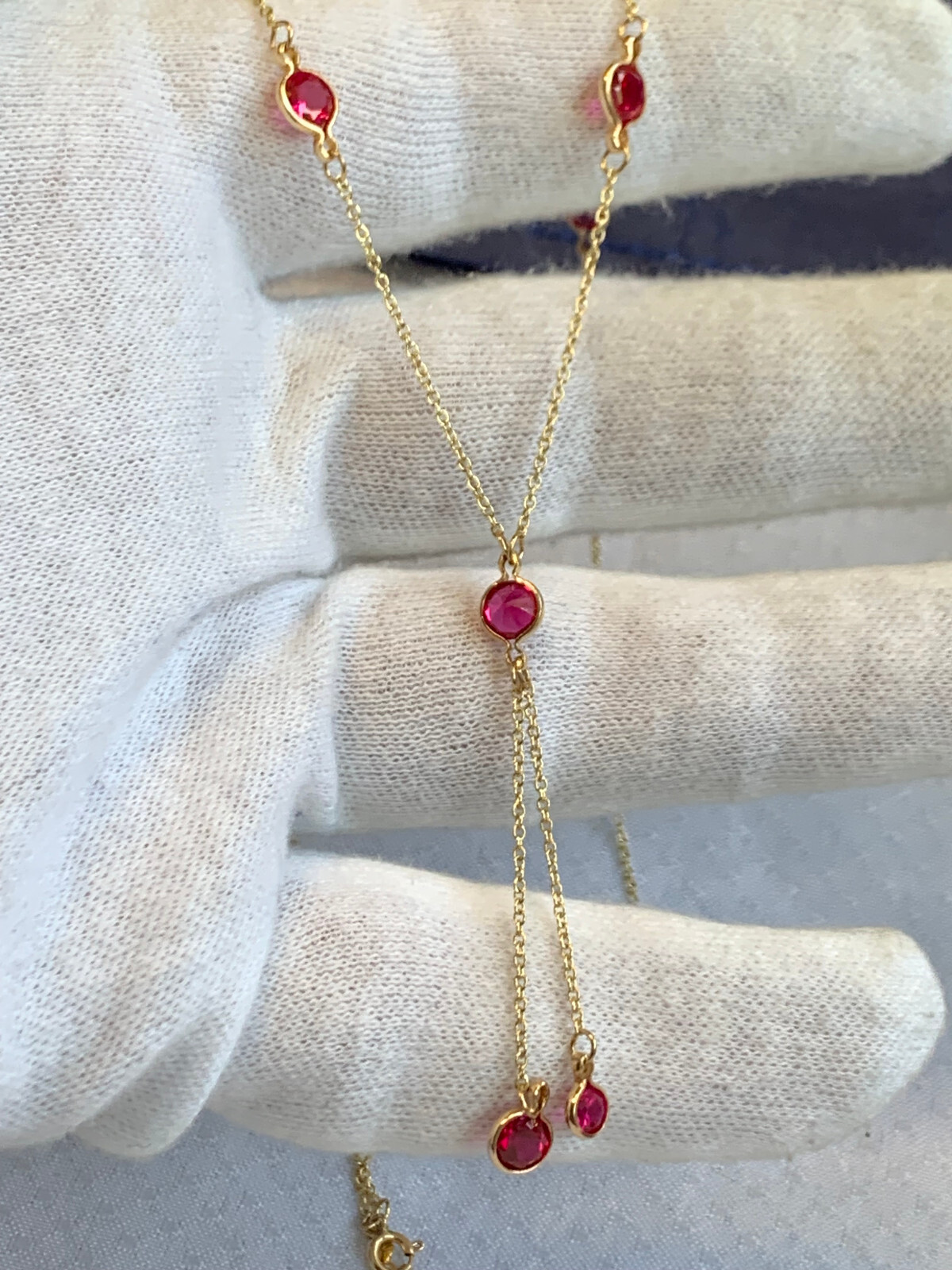 10K Yellow Gold Necklace 2.74g Fine Jewelry 17″ Ruby Color Stones *READ*